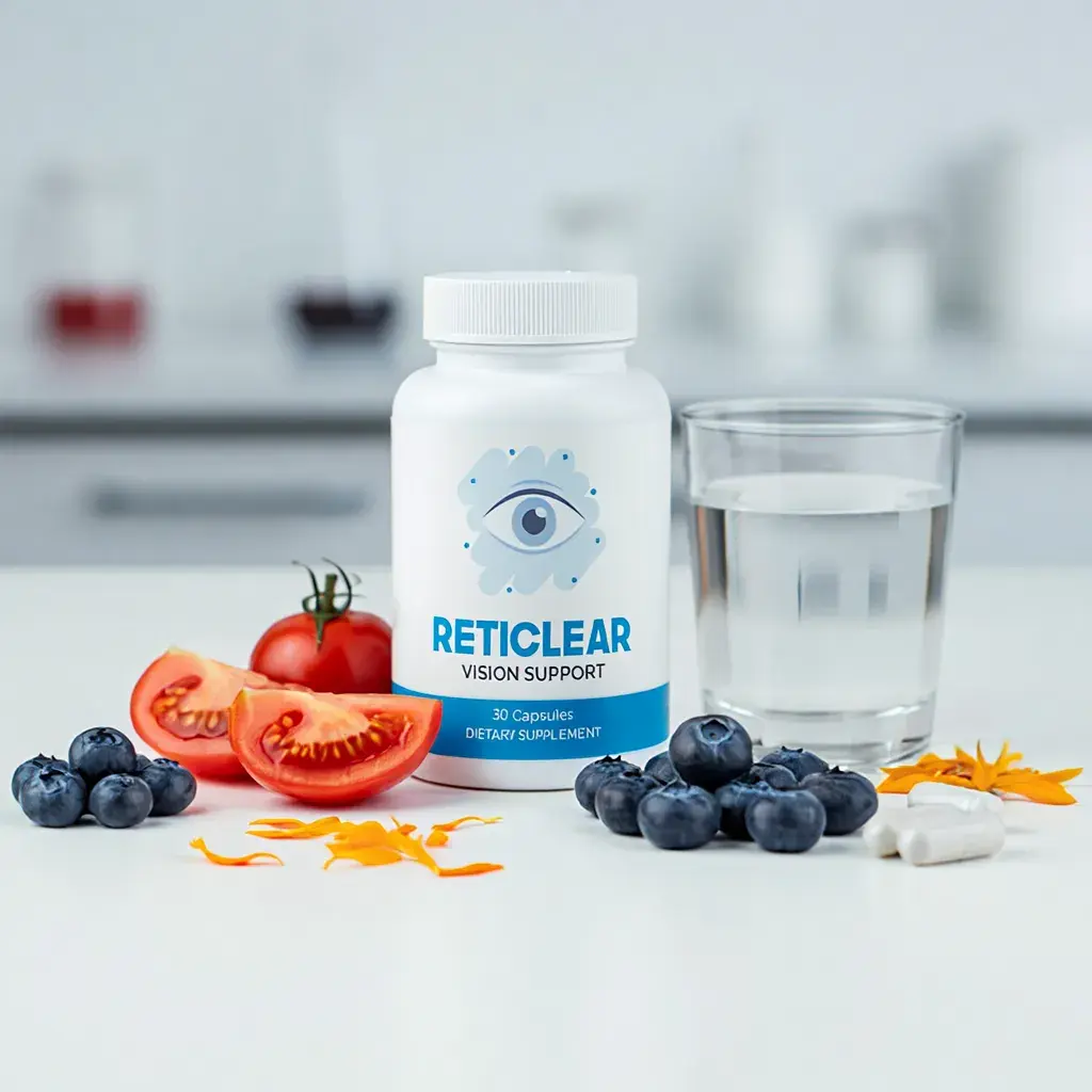 Chart showing RetiClear ingredients: Lutein, Zeaxanthin, Astaxanthin, Bilberry, Vitamins A, C, E, Zinc